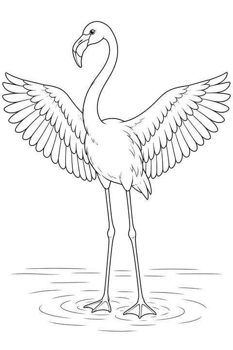 A flamingo stands facing forward with both feathered wings spread wide and its head turned to one side.