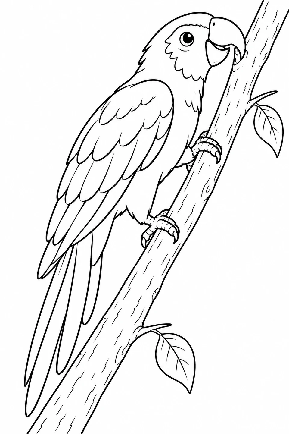 A parrot climbs a sloping branch, gripping at different heights with its feet and touching the wood with its beak.