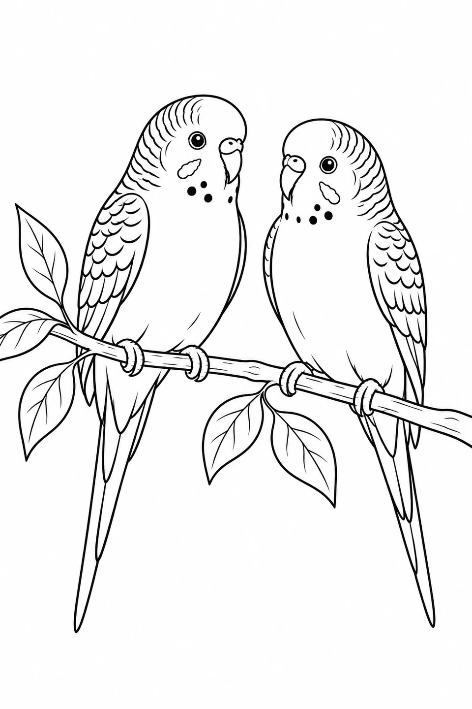 Two budgies share a leafy twig, with slim pointed tails and wavy markings on their heads and wings.
