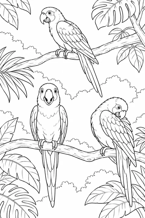 Three parrots perch on two leafy branches: one looks sideways, one faces forward and one preens its wing.