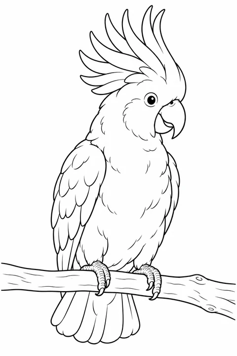 A cockatoo raises its sweeping feather crest above a curved beak, with a short broad tail below the branch.