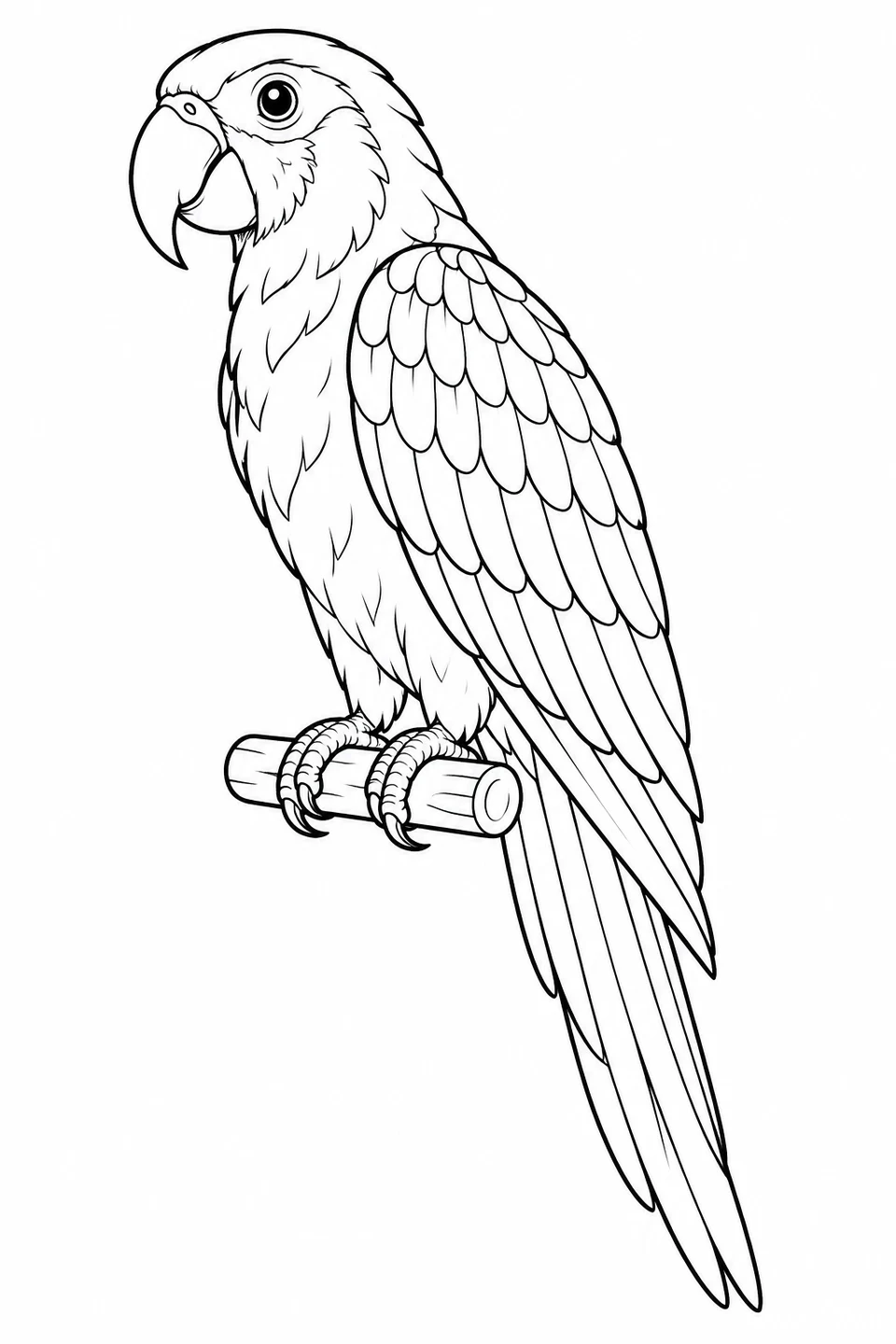 A parrot rests on a short perch, with neat rows of outlined wing feathers against a plain background.