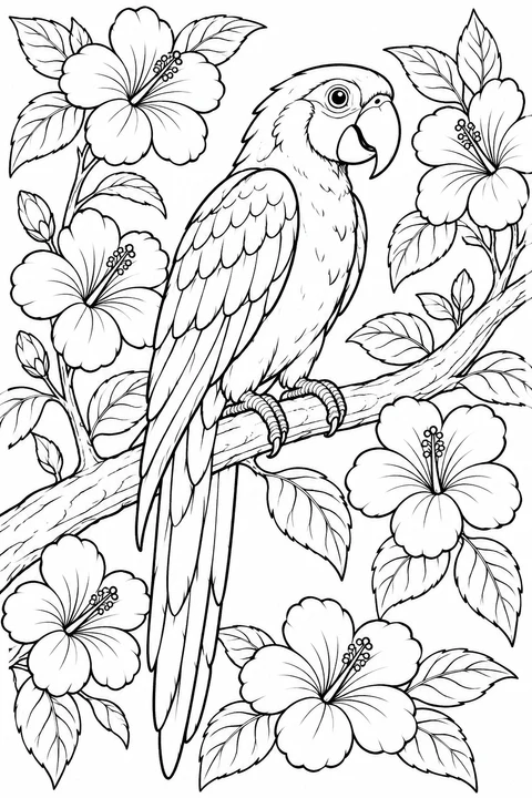A long-tailed parrot perches on a branch surrounded by large flowers, buds and leaves.