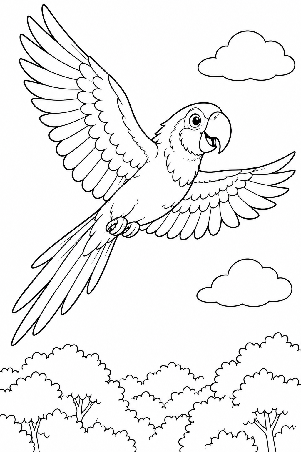 A parrot flies over treetops with two wings spread, feet tucked up and long tail trailing behind.