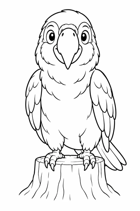 A round parrot faces forward on a low stump, with folded wings and a short tail peeking out.