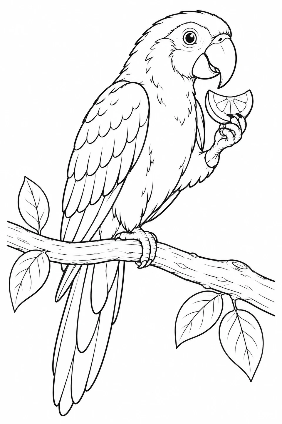 A parrot holds a fruit slice in one foot while balancing on the other on a leafy branch.