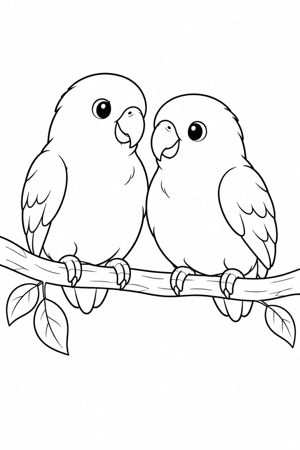 Two round lovebirds sit close together on a branch, with short tails and simple folded wings.