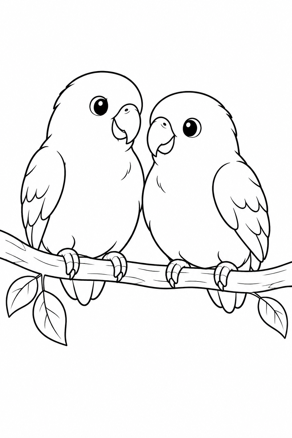 Two round lovebirds sit close together on a branch, with short tails and simple folded wings.