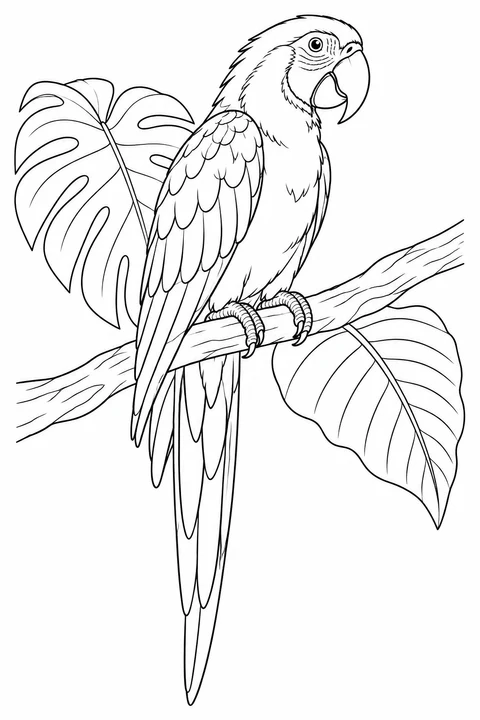 A macaw perches between broad leaves, showing an outlined facial patch and a long tapering tail.