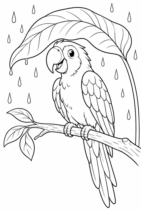 A parrot sits beneath a broad leaf while raindrops fall around its leafy perch.