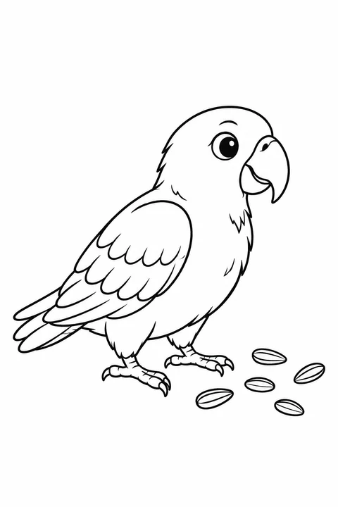 A small parrot stands on the ground beside scattered seeds, with folded wings and a short tail.