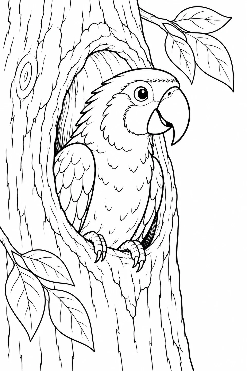 A parrot peeking from a tree hollow framed by bark and leaves.