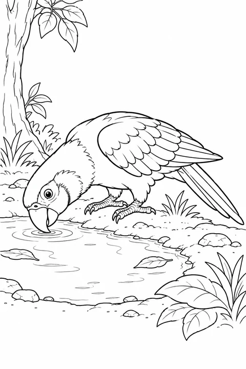 A parrot leans down from the bank to touch a shallow puddle with its beak, making small ripples.