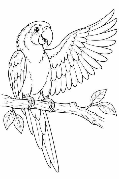 A perched parrot opens one wing wide while keeping the other folded and both feet on the branch.