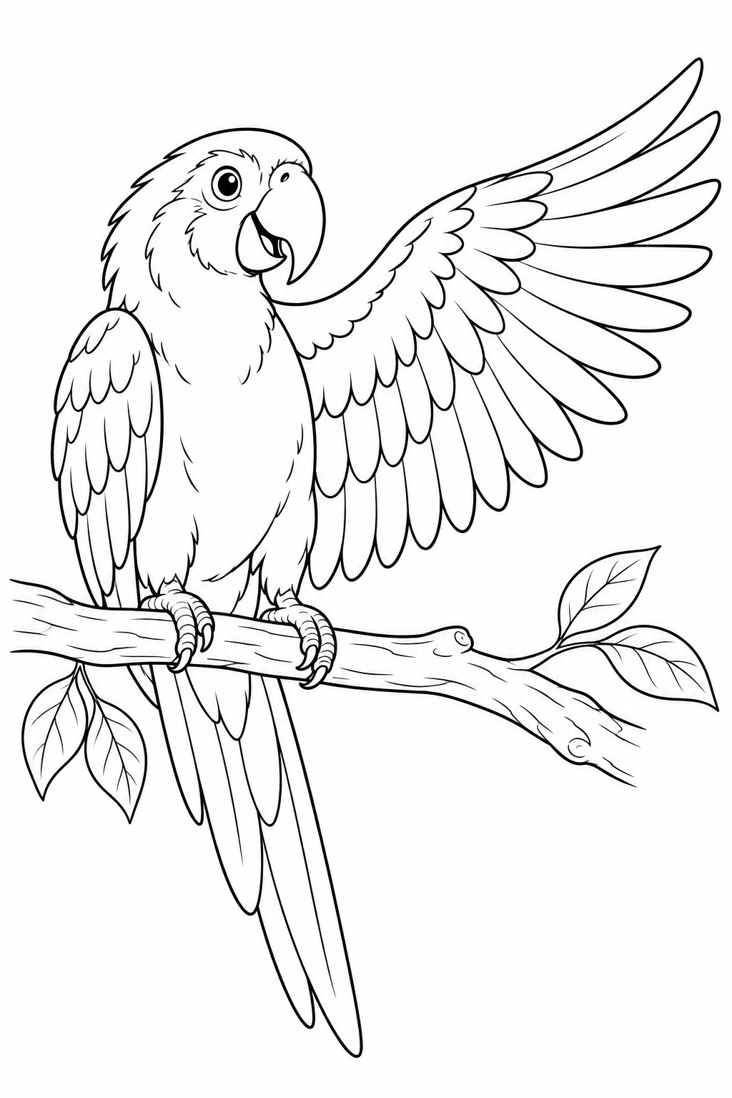 A perched parrot opens one wing wide while keeping the other folded and both feet on the branch.