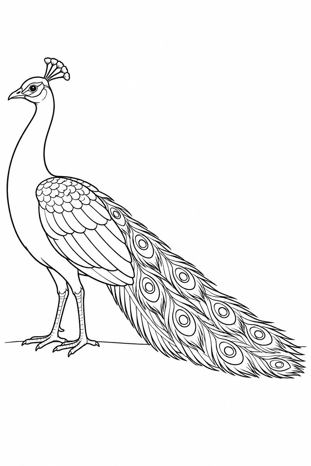 A peacock stands in side view with folded wings and a long eye-marked train trailing behind.