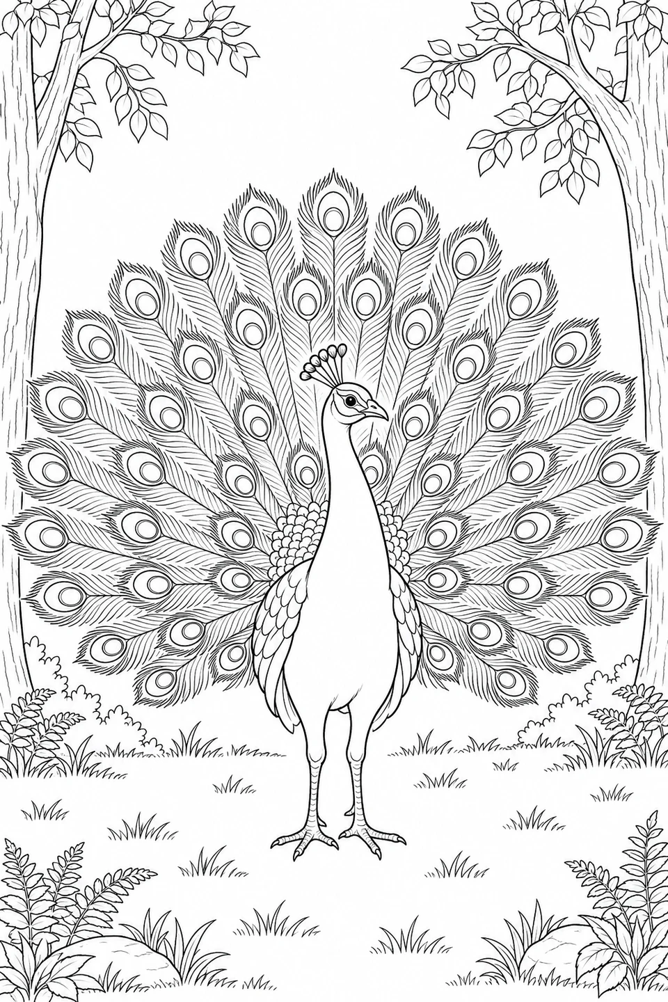 A peacock displays its full fan between two trees, with ferns and grass below.