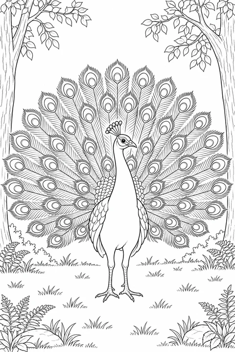 A peacock displays its full fan between two trees, with ferns and grass below.
