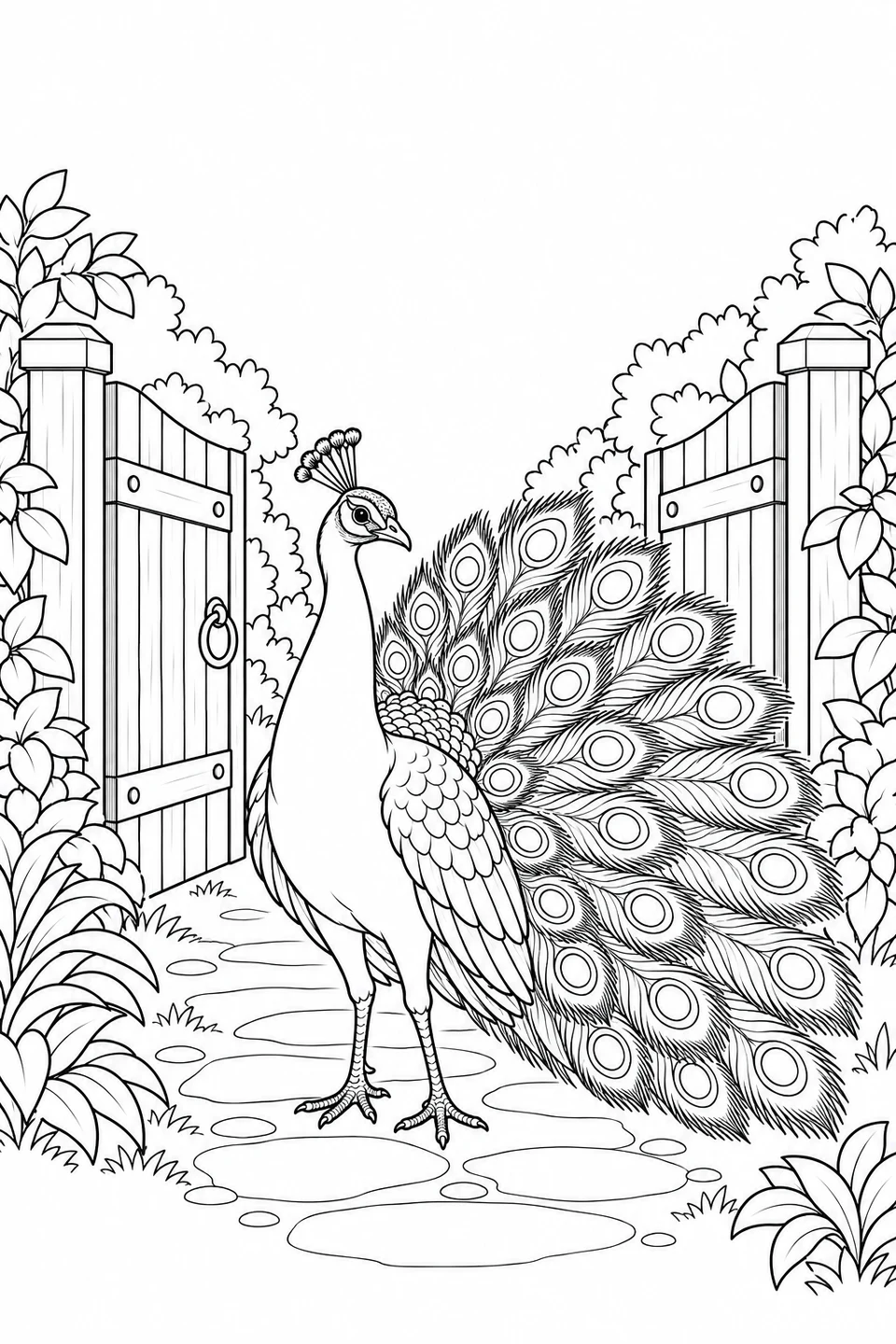 A peacock spreads its train beside an open wooden garden gate and leafy plants.
