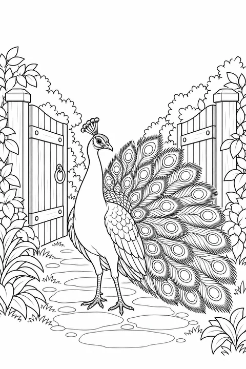 A peacock spreads its train beside an open wooden garden gate and leafy plants.