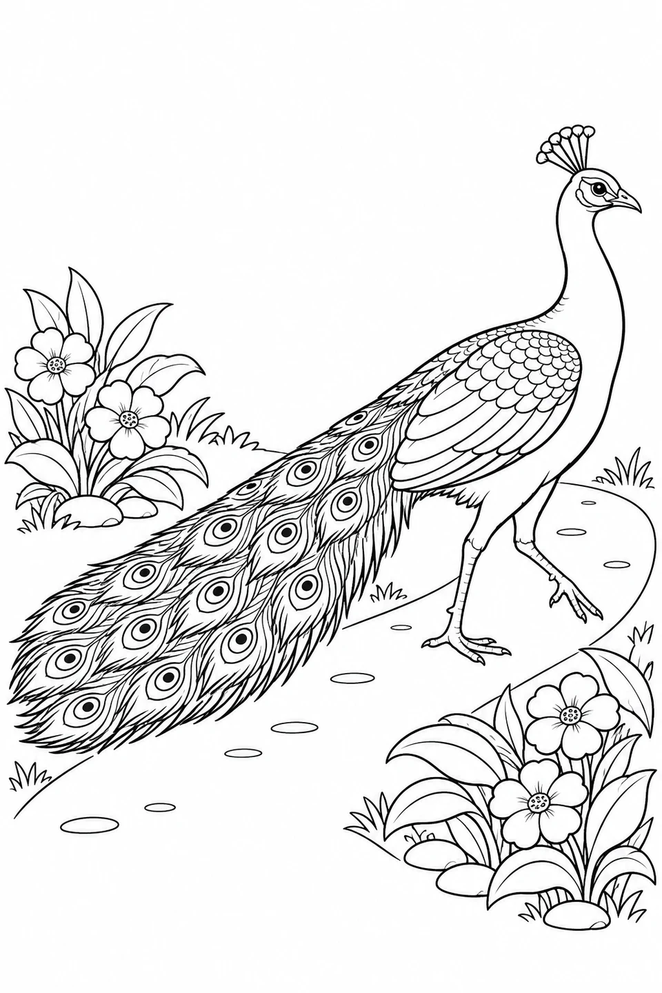 A peacock steps along a garden path between flowers, with its long train flowing behind.