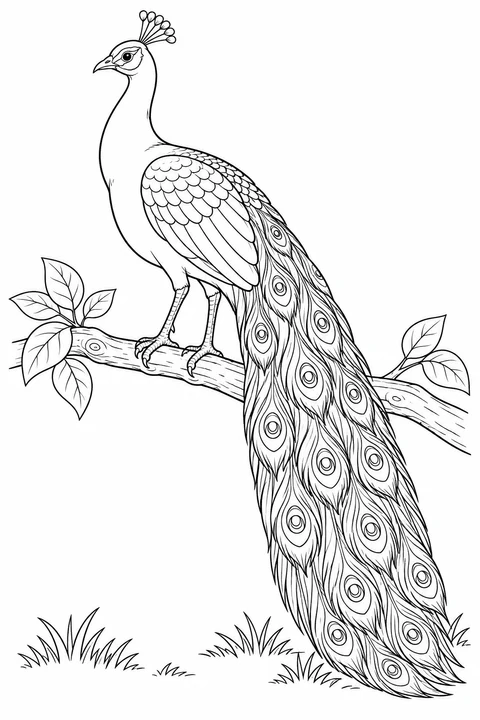 A peacock grips a leafy branch with both feet while its long train hangs toward the grass.
