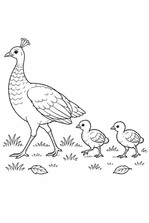 A peahen walks ahead of two small chicks across grass and fallen leaves.