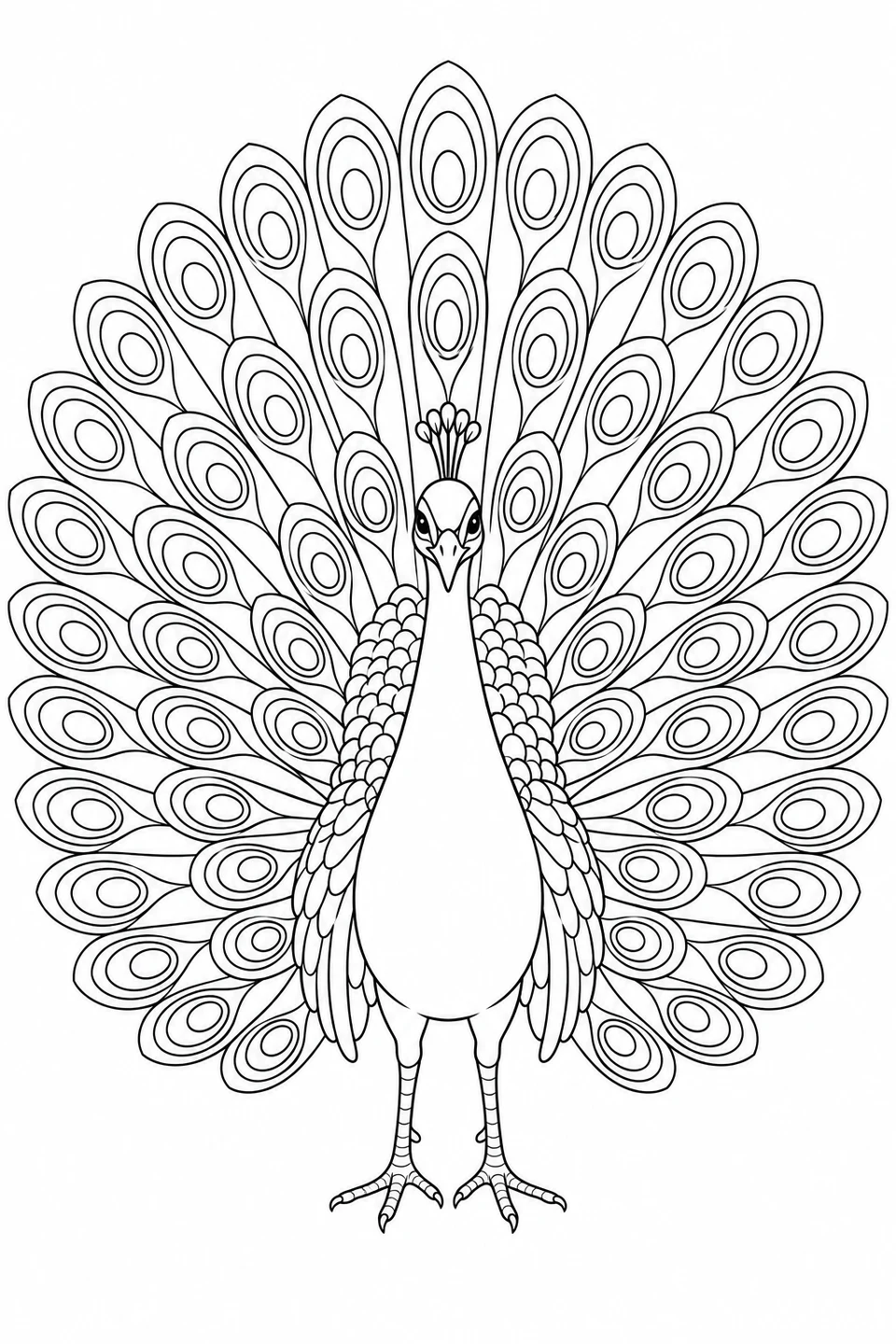 A peacock faces forward with an ordered fan of nested oval feather markings on a plain background.
