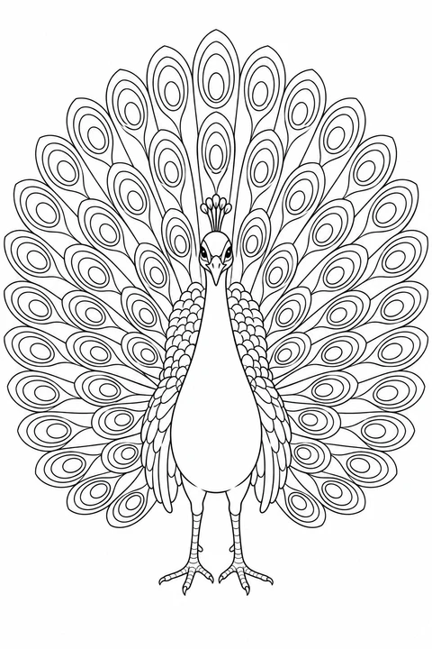 A peacock faces forward with an ordered fan of nested oval feather markings on a plain background.