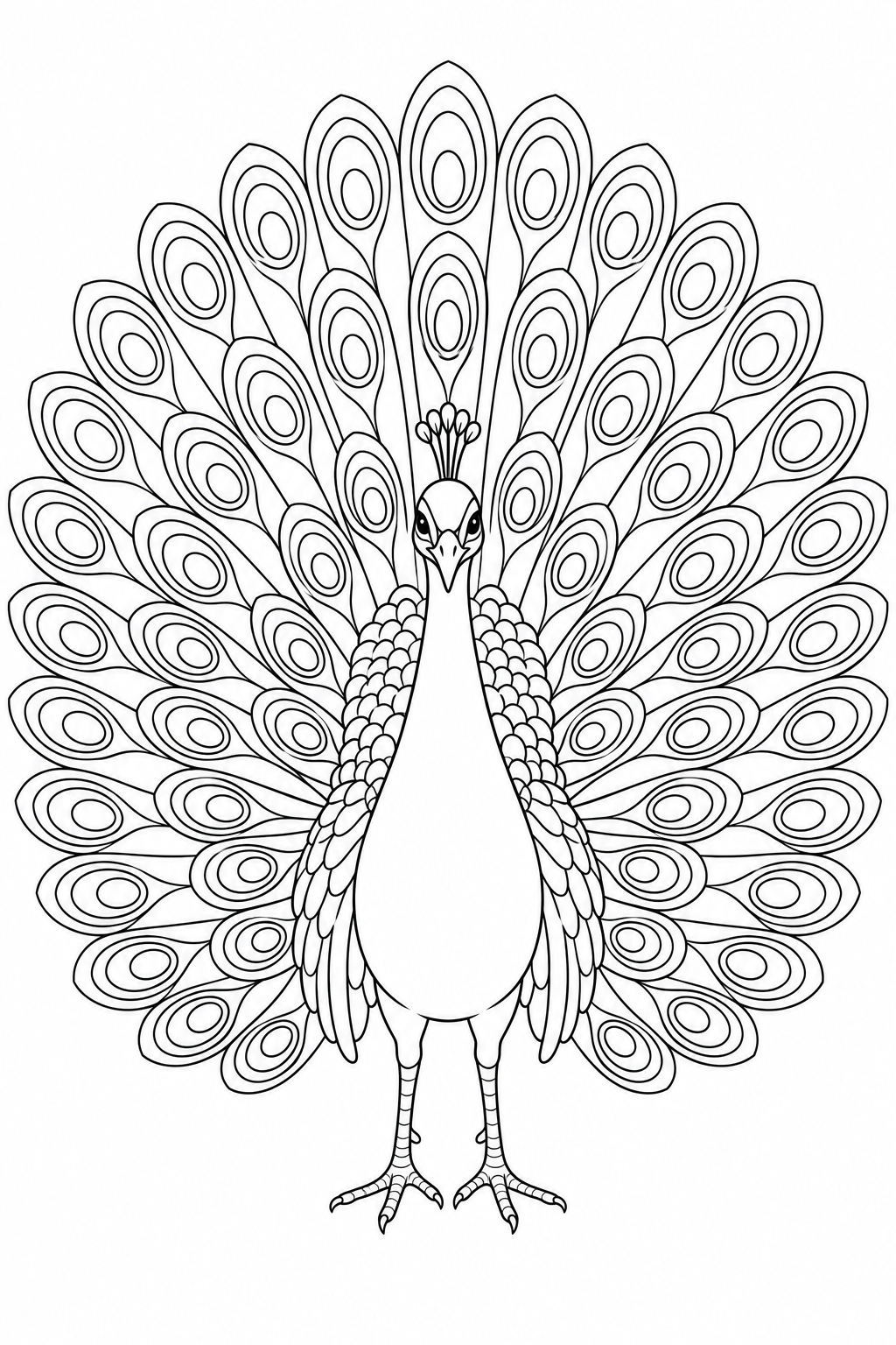 Um pavão olha de frente com um leque organizado de formas ovais concêntricas em fundo simples.
