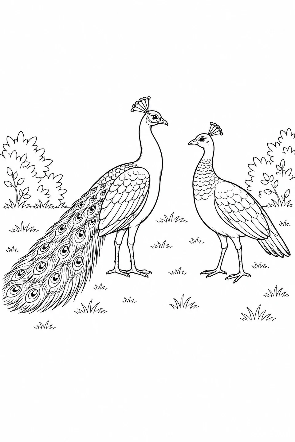 A long-trained peacock and a short-tailed peahen face each other in a grassy clearing.
