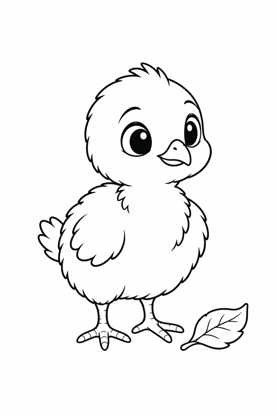 A fluffy peachick stands beside one fallen leaf, with a tiny tail and wide eyes.