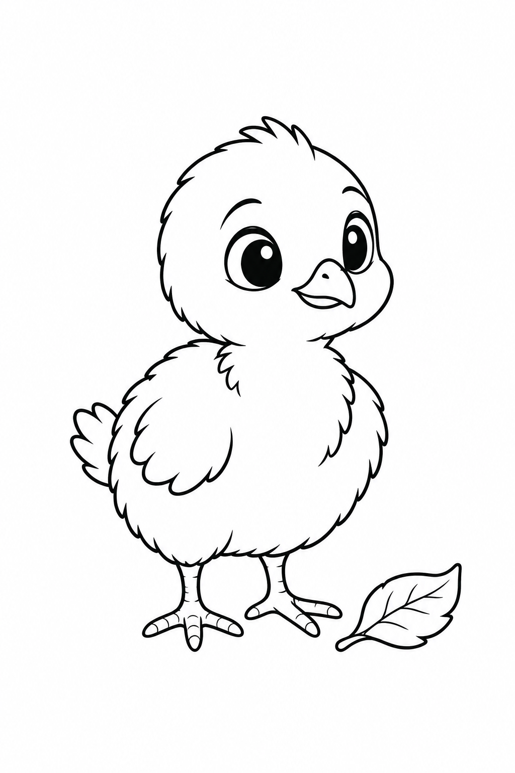 Un poussin de paon tout duveteux se tient près d’une feuille tombée, avec une petite queue et de grands yeux.