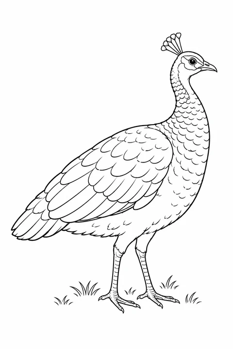 A short-tailed peahen stands in the grass with a small crest and layered wing feathers.