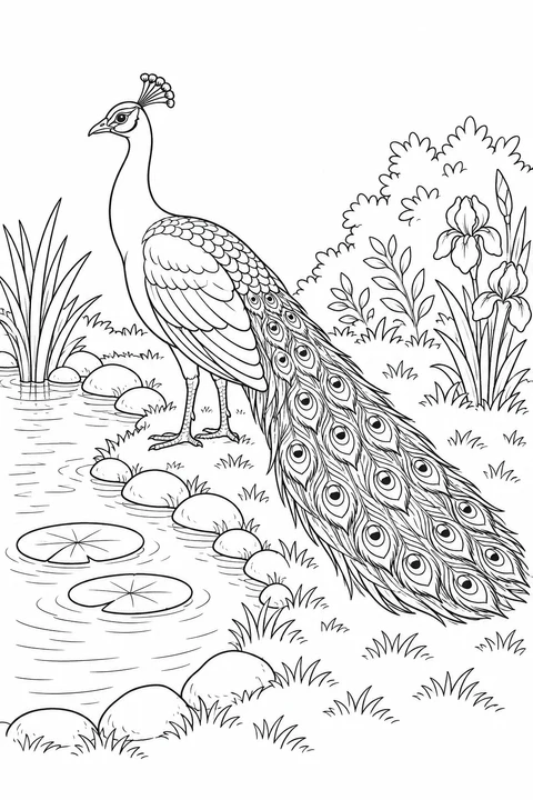 A peacock stands on the grassy bank beside pond ripples, lily pads and smooth stones.