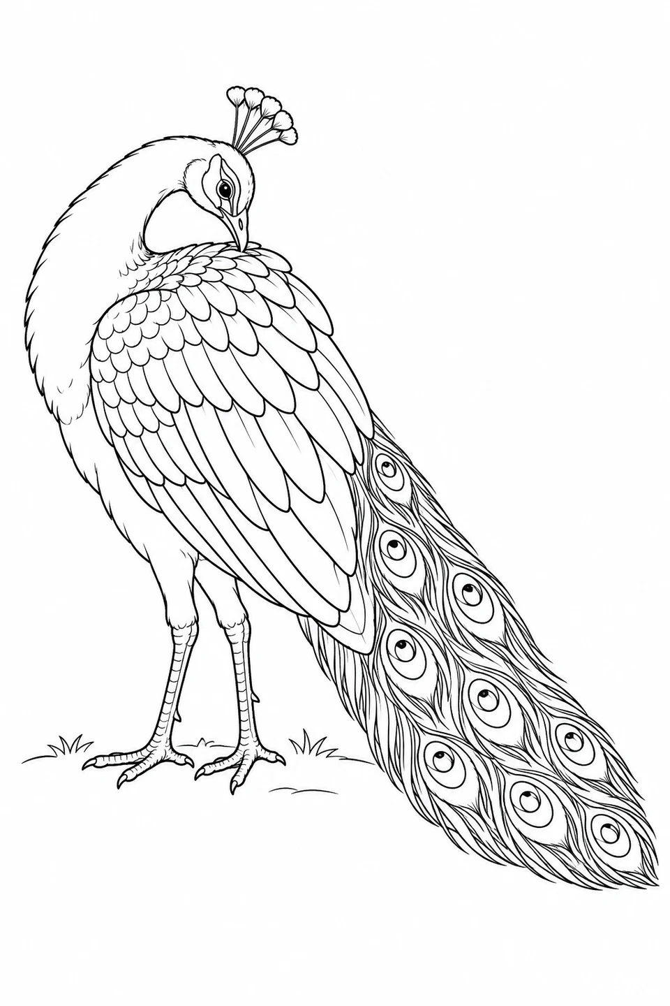 A peacock bends its neck back to preen a folded wing, with its closed train behind.