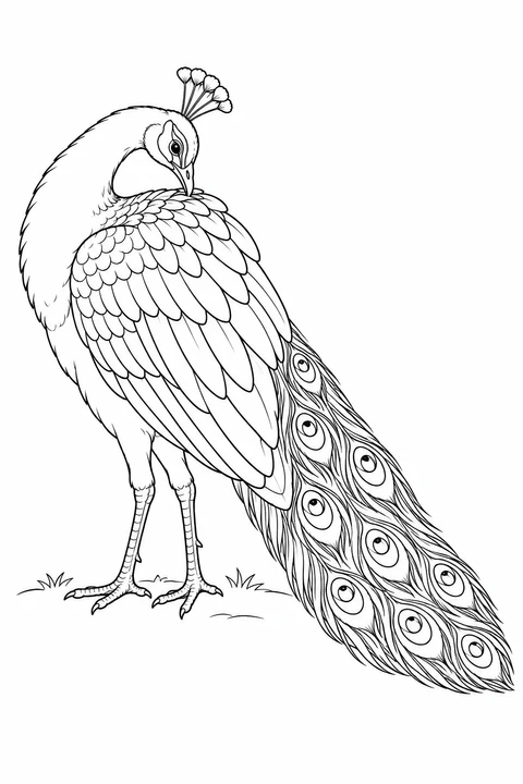 A peacock bends its neck back to preen a folded wing, with its closed train behind.