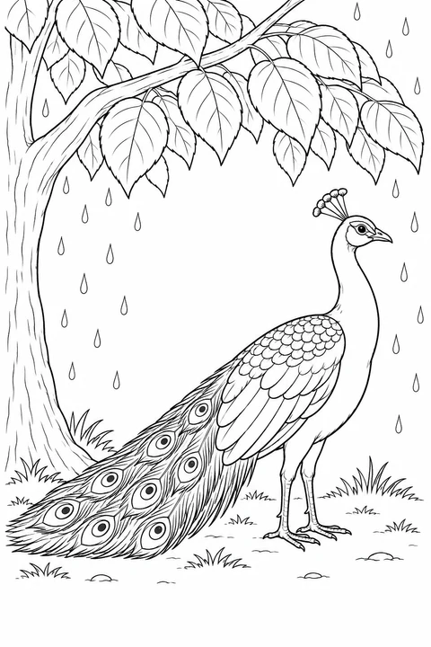 A peacock stands beneath broad tree leaves, with raindrops around it and its train behind.