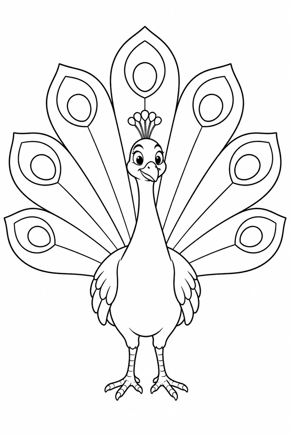 A friendly peacock faces forward with a fan of broad feathers and large eye-shaped markings.