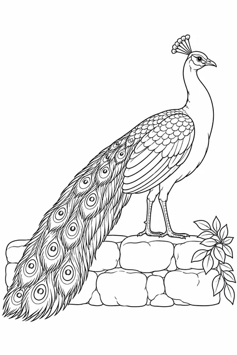 A peacock stands on a low stone wall, with its long train draped over the edge.