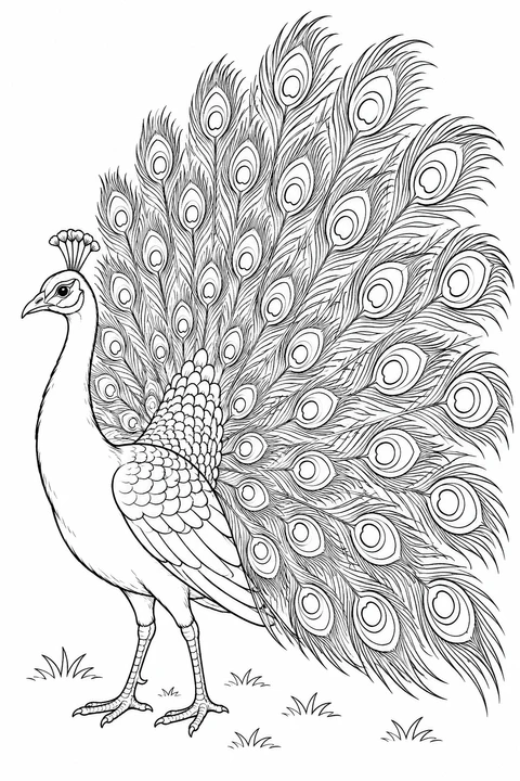 A peacock displays its broad feather fan at an angle, revealing rows of outlined eyespots.