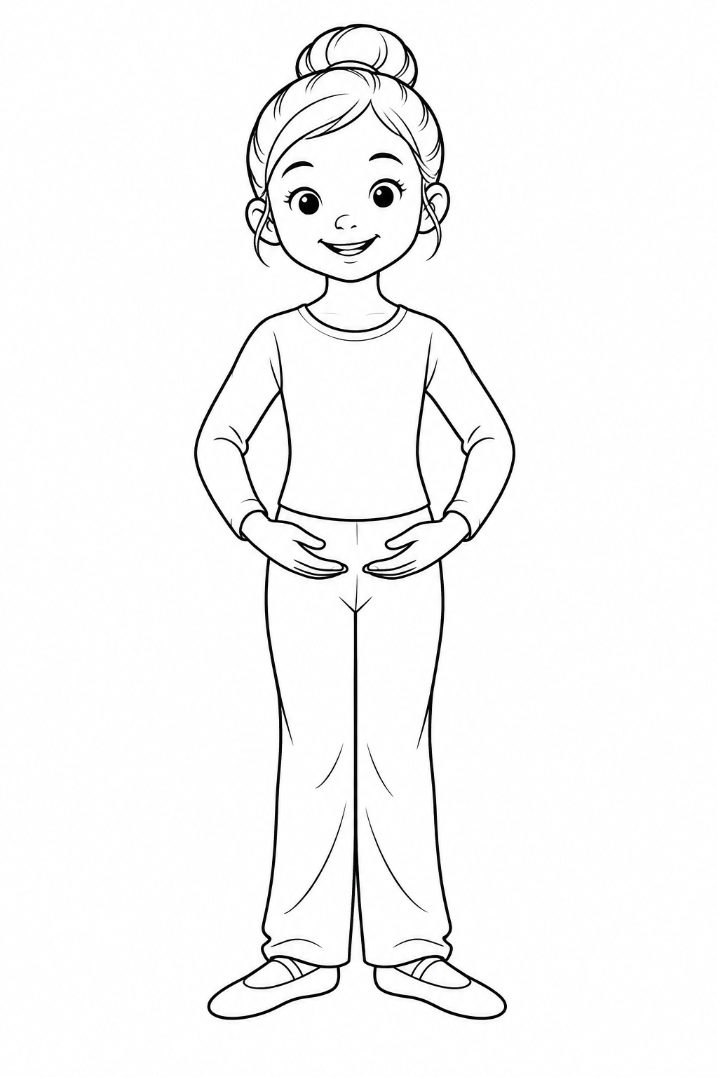 A child stands with both feet on the floor and arms rounded in front of the waist.