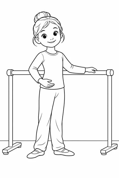 A child in comfortable practice clothes stands at a ballet barre with one hand on the rail.