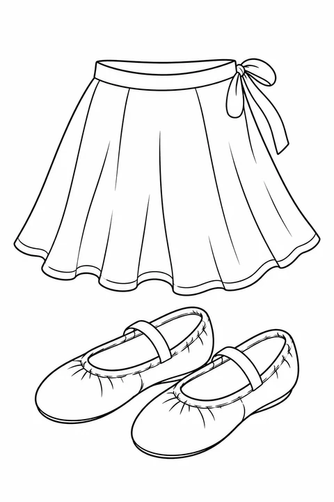 A pair of soft ballet slippers sits beneath a tied wrap skirt.