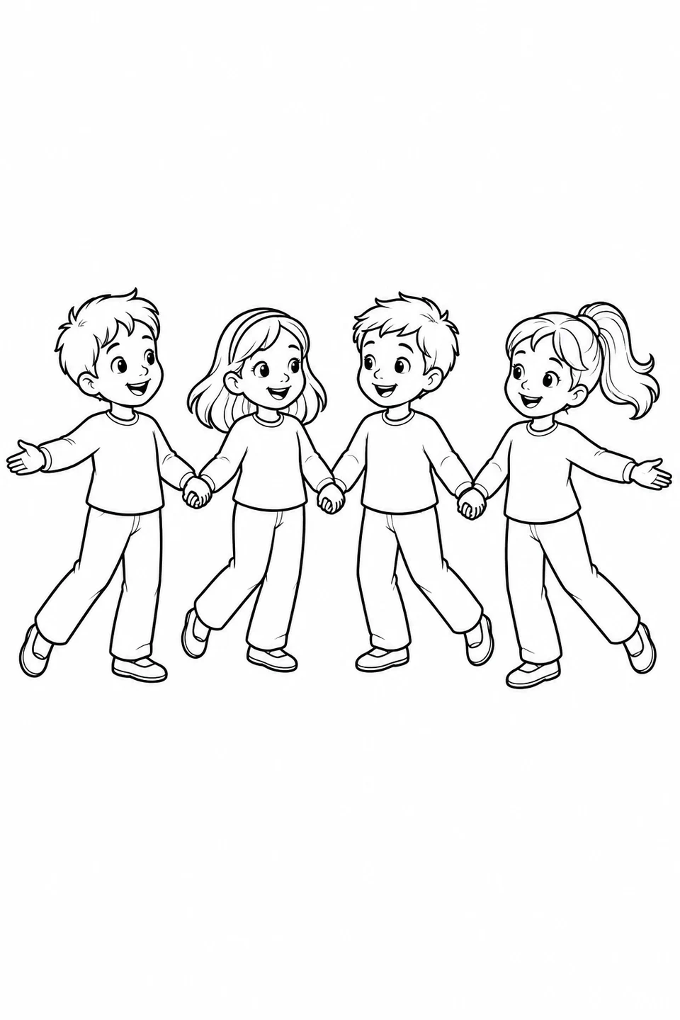 Four children hold hands in a row and lift one foot as they dance together.