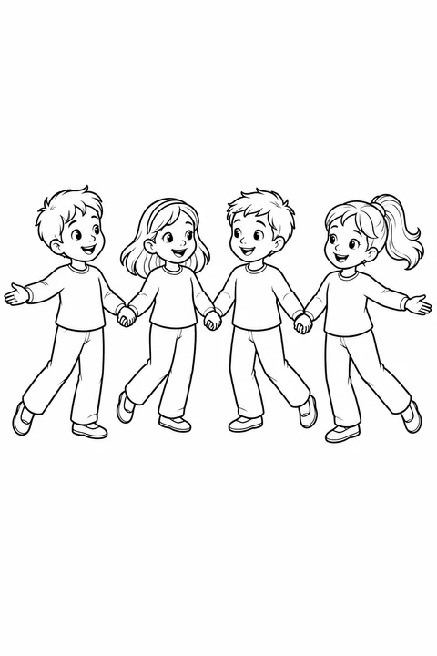 Four children hold hands in a row and lift one foot as they dance together.