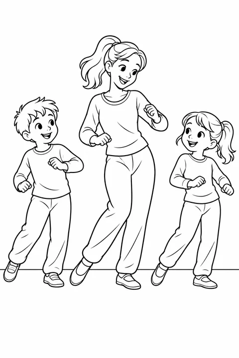 A teacher and two children practice a gentle side-step in comfortable clothes.