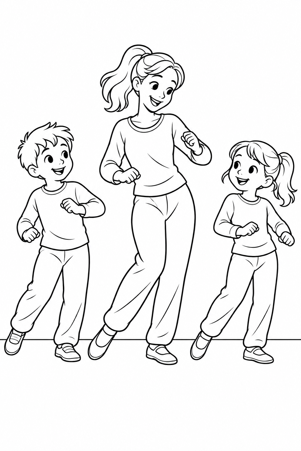 A teacher and two children practice a gentle side-step in comfortable clothes.