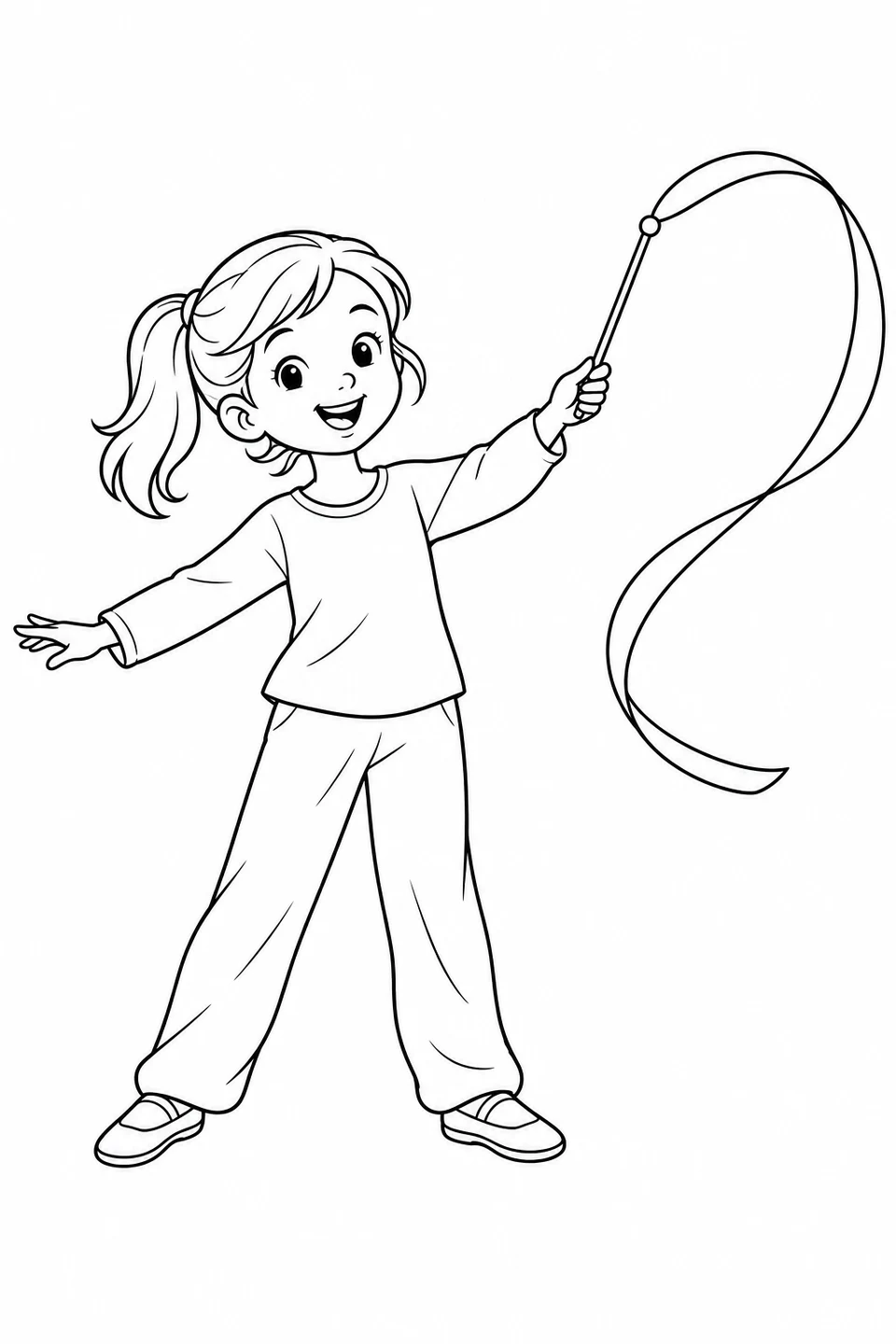 A child holds a ribbon wand, letting the wide ribbon curve through the air beside them.