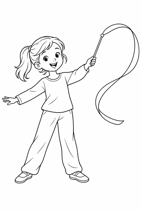 A child holds a ribbon wand, letting the wide ribbon curve through the air beside them.